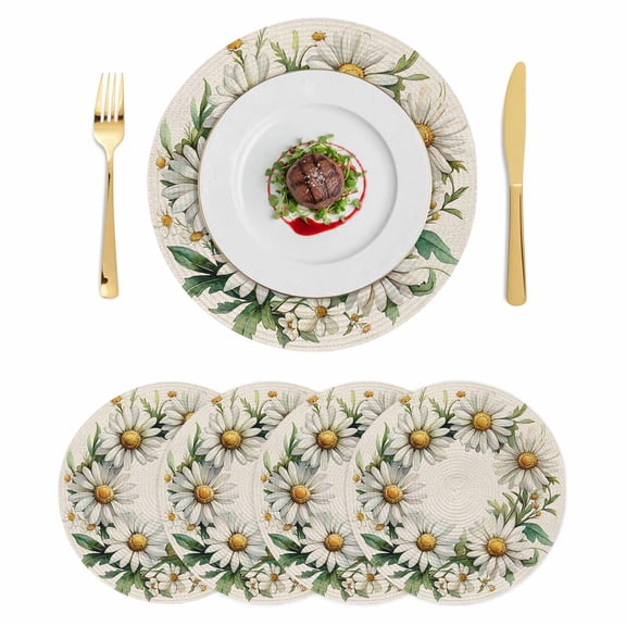 Round Braided Placemats Set of 4, Spring Pastoral Non-Slip Place Mats for Dining Table Woven Washable Table Mats 13 inch White Circle Flower Linen Texture for Kitchen Decoration
