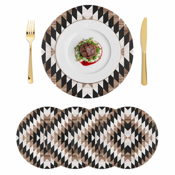 Round Braided Placemats Set of 4, Wood Boho Pattern Non-Slip Place Mats for Dining Table Woven Washable Table Mats 13 inch Farmhouse Black Wood White for Kitchen Decoration