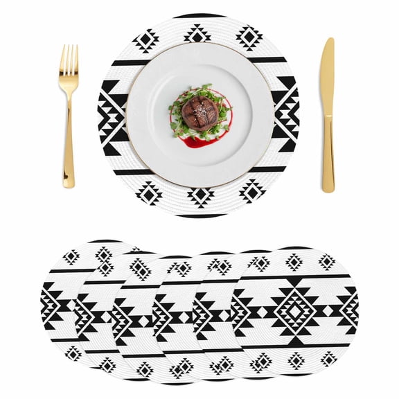 Round Braided Placemats Set of 6, Aztec Triangle Pattern Non-Slip Place Mats for Dining Table Woven Washable Table Mats 13 inch Black White Western Tribal for Kitchen Decoration