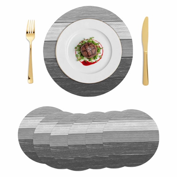 Round Braided Placemats Set of 6, Gradient Wood Plank Non-Slip Place Mats for Dining Table Woven Washable Table Mats 13 inch Countryside Ombre Gray Stripes Dark Grey Wooden Grain for Kitchen