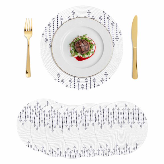 Round Braided Placemats Set of 6, Rhombus Lines Non-Slip Place Mats for Dining Table Woven Washable Table Mats 15 inch Geometric Boho for Kitchen Decoration
