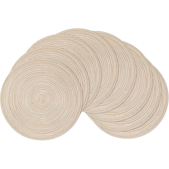 Round Braided Placemats Set of 8 - 15 inch Beige Cotton Table Mats, Washable & Non-Slip Heat Resistant Place Mats for Dining Table, Farmhouse Boho Kitchen Decor for Indoor Outdoor, 15", Beige
