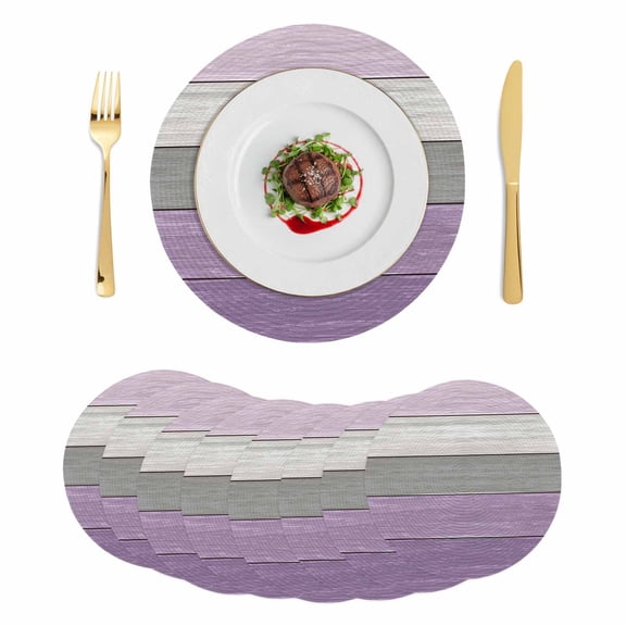 Round Braided Placemats Set of 8, Purple Wood Grain Non-Slip Place Mats for Dining Table Woven Washable Table Mats 15 inch Vintage Purple Grey Rustic Wooden Plank for Kitchen Decoration