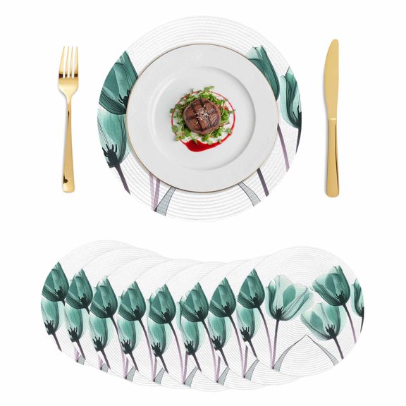 Round Braided Placemats Set of 8, Spring X-ray Non-Slip Place Mats for Dining Table Woven Washable Table Mats 13 inch Image of Teal Tulips Floral Leaf for Kitchen Decoration