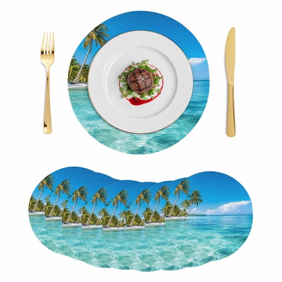 Round Braided Placemats Set of 8, Summer Beach Landscape Non-Slip Place Mats for Dining Table Woven Washable Table Mats 13 inch Coastal Ocean Green Palm Tree Blue Wave Sky for Kitchen Decoration