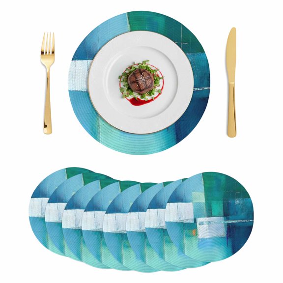 Round Braided Placemats Set of 8, Teal Blue Non-Slip Place Mats for Dining Table Woven Washable Table Mats 13 inch Modern Oil Painting Abstract Geometric for Kitchen Decoration