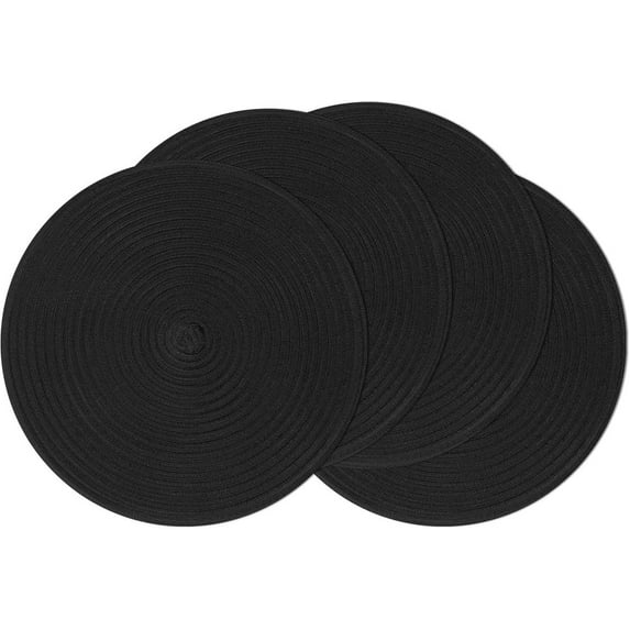 Round Braided Placemats Set of 4 Cotton Fabric Round Table Mats Non Slip Washable 15 inch Round Place Mats (Black, 4)
