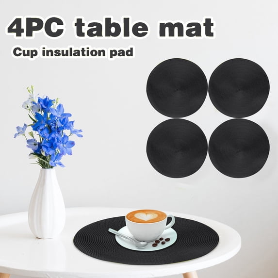 Round Braided Placemats Set of 4, Washable Heat Resistant Cotton Polyester Circle Place Mats for Kitchen Dining Table(15Inch,Black)