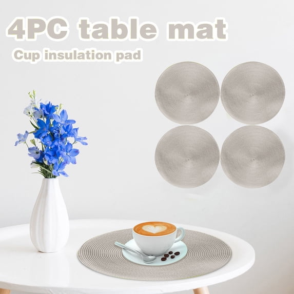 Round Braided Placemats Set of 4, Washable Heat Resistant Cotton Polyester Circle Place Mats for Kitchen Dining Table(15Inch,Silver)