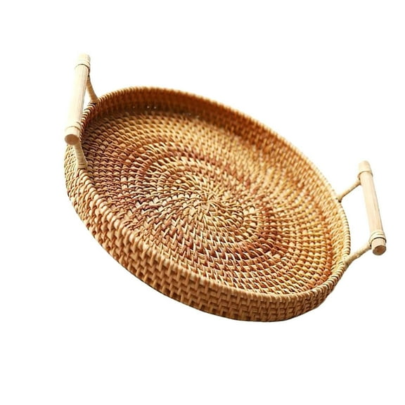 Round Bread Basket Serving Wicker Flat with Handle Rattan Storage Child