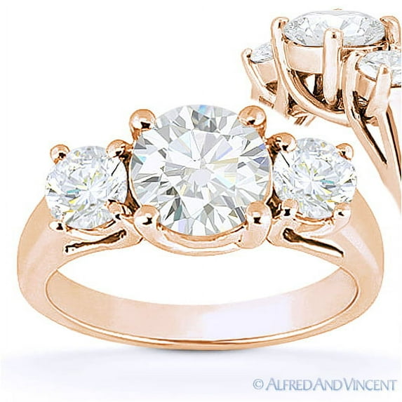 Round Brilliant Cut Charles & Colvard Moissanite 3-Stone Engagement Ring in 14k Rose Gold
