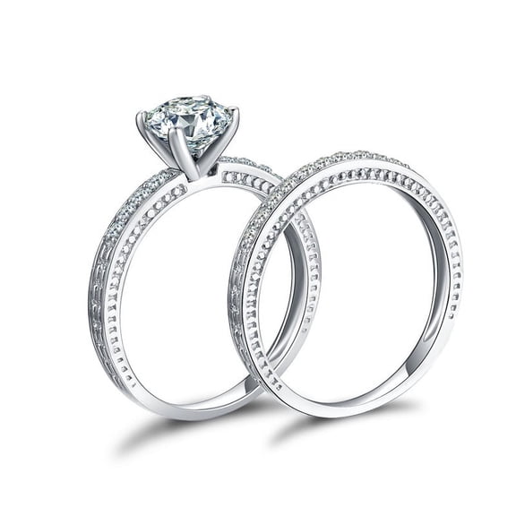 Round Brilliant Cut Diamond Bridal Ring Set, Solitaire Ring With Matching Half Eternity Wedding Band Ring Set, Two Piece Ring Set, 925 Sterling Silver, 2.3 Ct Simulated Diamond