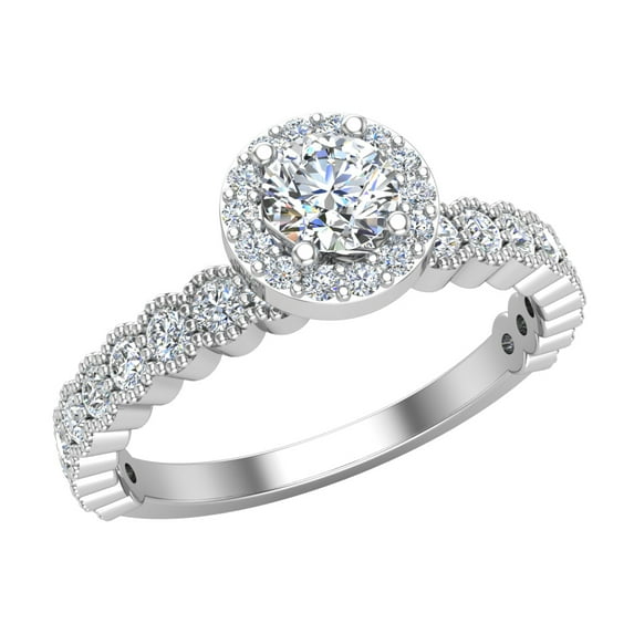 Round Brilliant Halo Diamond Engagement Ring for Women Stackable Luscious Milgrain Design 14K White Gold 0.85 carat