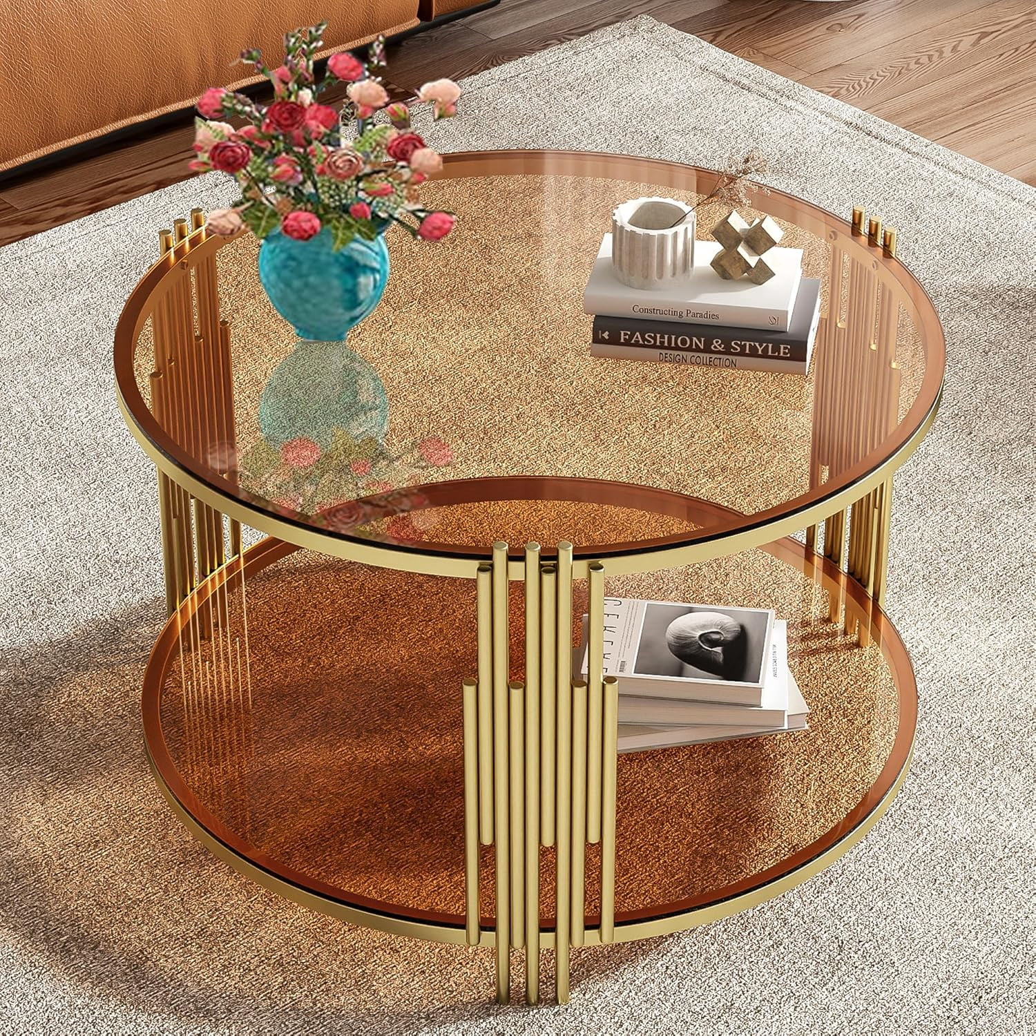 Round Brown Glass Coffee Table Modern Gold Luxury Stainless Steel ...