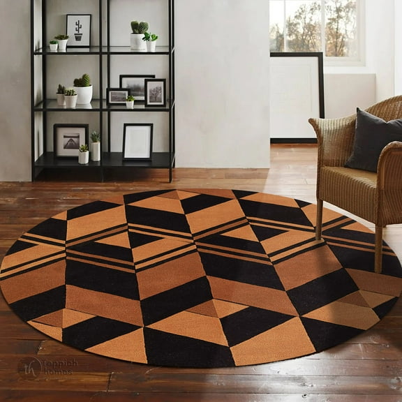 Round Brown Wool Area Rug 5x5, for Hallways, Living room, Hand Tufted rugs, Geometric carpet.