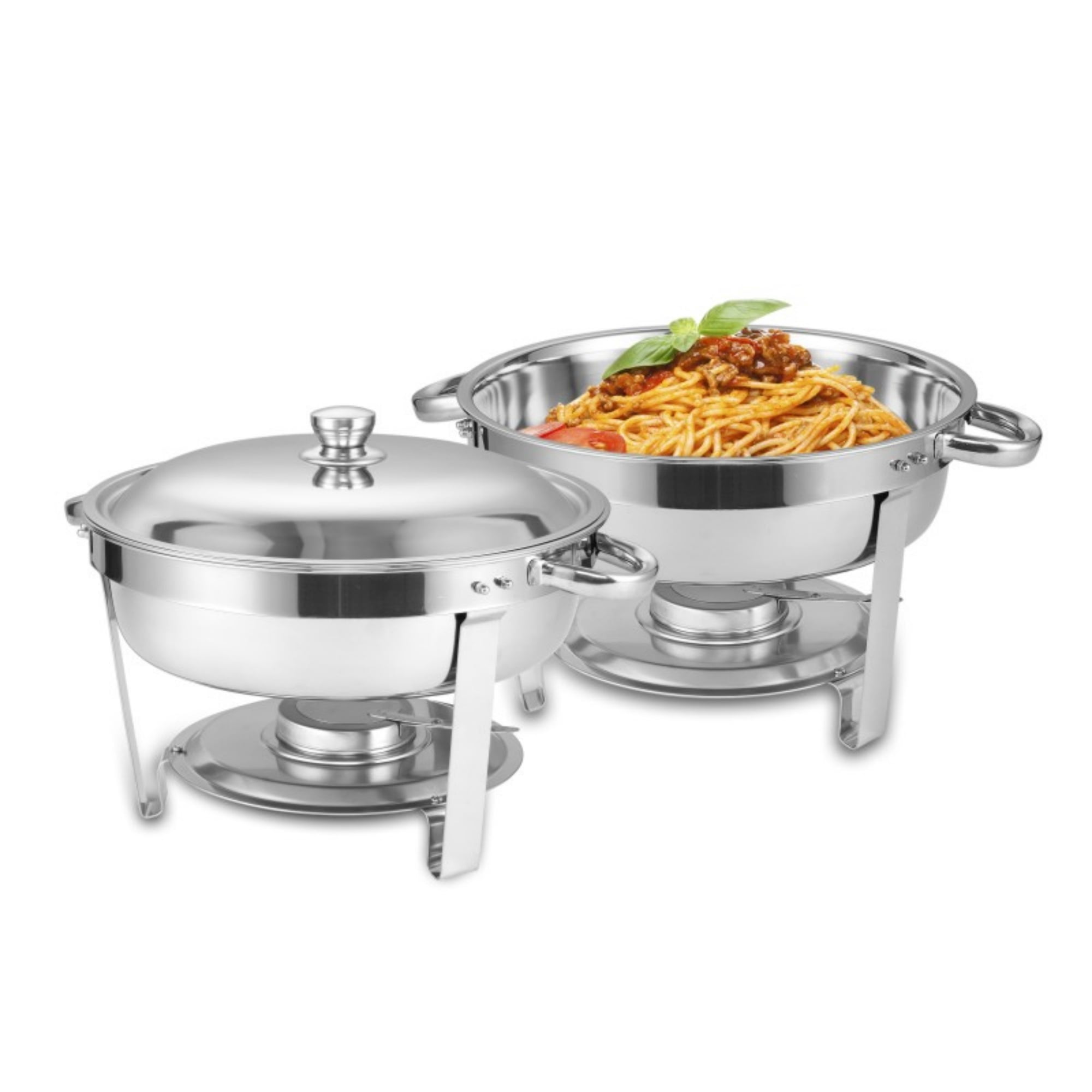 Round Buffet Catering Dish Set of 2 with Stainless Steel Construction, 5-Quart Chafing Dish for Weddings and Gatherings, Silver