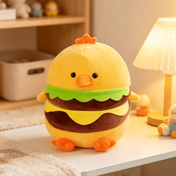 Round Burger Chick Stuffed Animals 11.8in Bedtime Stuffed Animal Plush Toys with Simulated Burger Fillings, Kawaii Plushies Girl Toys, Birthday Presents for Kids and Friends
