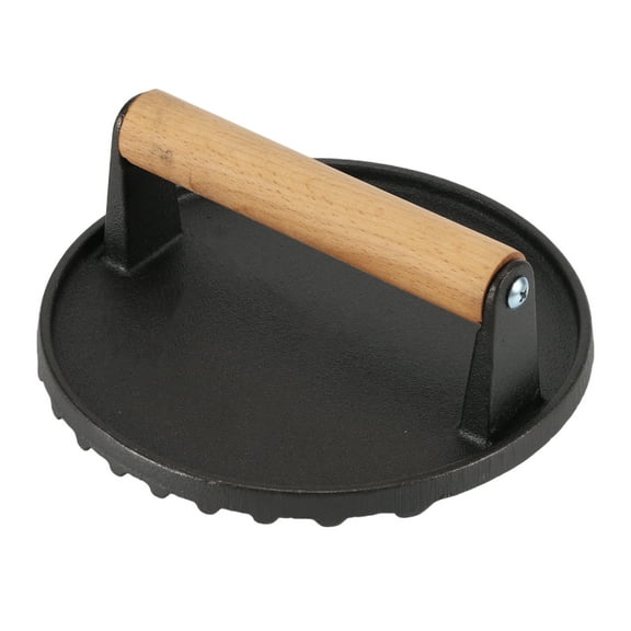 Round Burger Press Cast Iron Smash Bacon Press Meat Steak with Wood Handle for Griddle Black