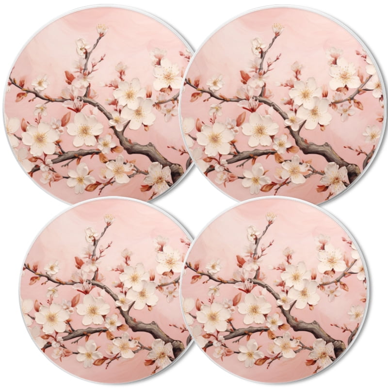 Round Burner Covers for Electric Stove, Beautiful White Cherry Blossoms on Pink Background Metal Stove Burner Covers Expands Counter Space Set of 4, 8 Inches and 10 Inches