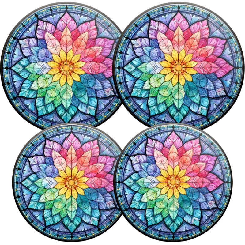 Round Burner Covers for Electric Stove, Multicolored Mystery Floral Mandala in Stained Glass Style Metal Durable Burner Covers Set of 4 for Kitchen Cooktop, 8 Inches and 10 Inches