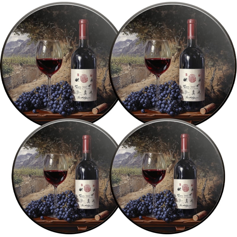 Round Burner Covers for Electric Stove, Rustic Wine Glass and Grapes Pattern Metal Stove Burner Covers Expands Counter Space Set of 4, 8 Inches and 10 Inches