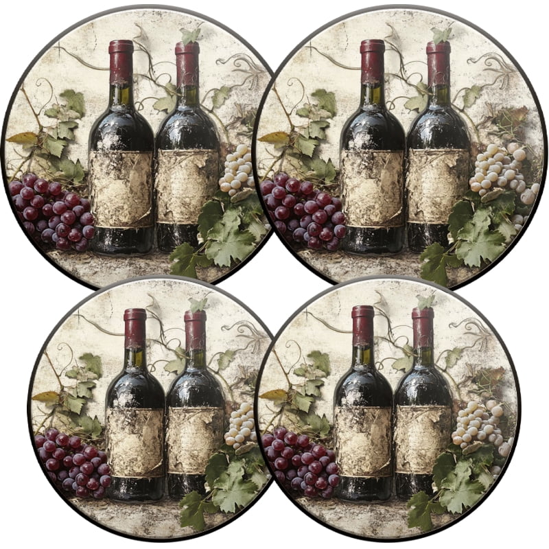 Round Burner Covers for Electric Stove, Vintage Wine Bottle and Grapes Decorative Metal Stove Burner Cover Kits Set of 4 for Kitchen, 8 Inches and 10 Inches