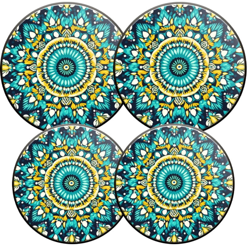 Round Burner Covers for Electric Stove, Teal Yellow Peacock Feather Mandala Print Metal Cooktop Kitchen Decor Set of 4, 8 Inches and 10 Inches