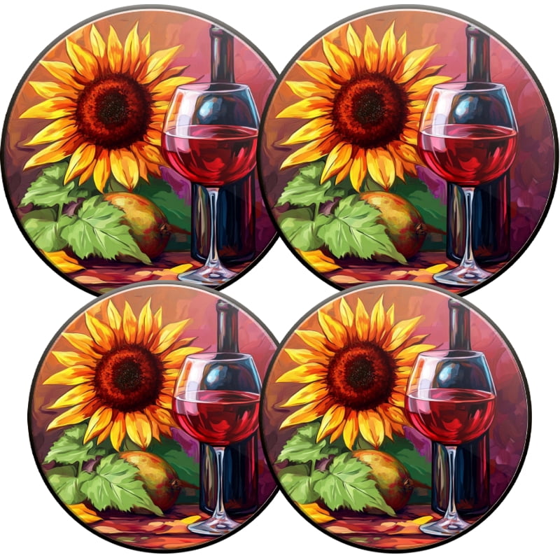 Round Burner Covers for Electric Stove, Wine Glass and Sunflower Metal Durable Burner Covers Set of 4 for Kitchen Cooktop, 8 Inches and 10 Inches