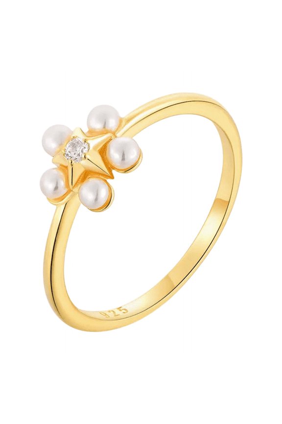 Round Button Natural Pearl and Lab-Created Diamond Star Engagement Ring in 925 Sterling Silver – Elegant Design, Eco-Friendly Craftsmanship, and Timeless Charm for Her