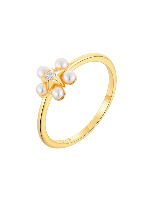 Round Button Natural Pearl and Lab-Created Diamond Star Engagement Ring in 925 Sterling Silver – Elegant Design, Eco-Friendly Craftsmanship, and Timeless Charm for Her