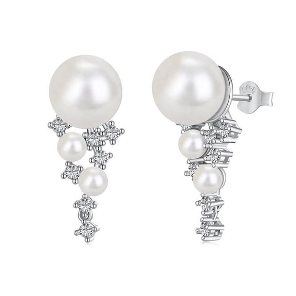 Round Button Natural Pearl and Lab-Created Diamond Stud Earrings in 925 Sterling Silver – Elegant Glue-Set Design, Perfect for Parties or as a Thoughtful Gift