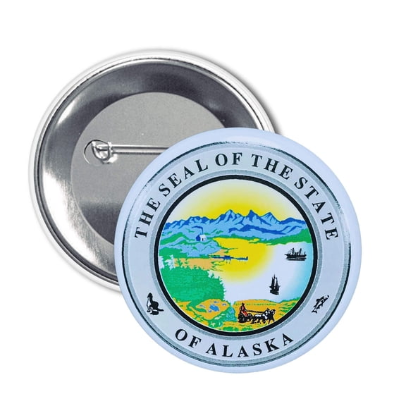 Round Button - State Seal Alaska - USA | Wearable Souvenir Pin, Travel Memorabilia, Collectible Accessory