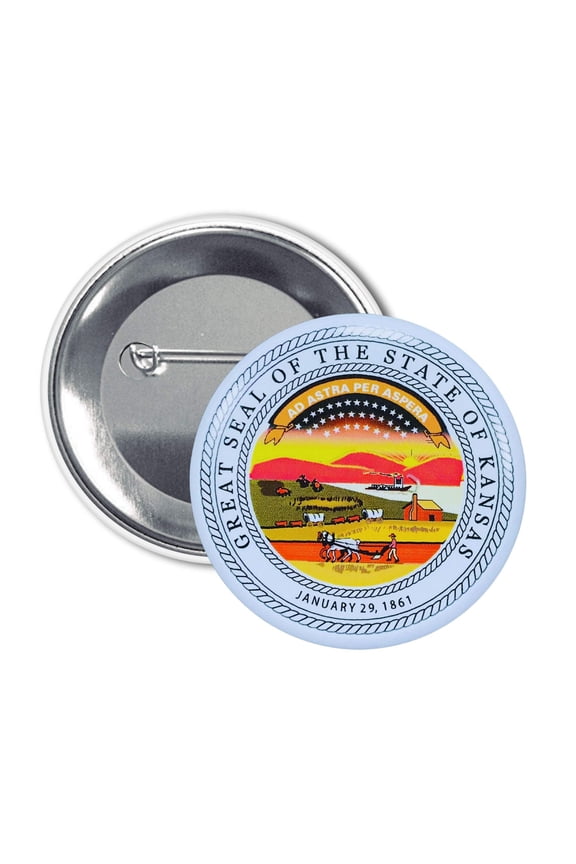 Round Button - State Seal Kansas - USA | Wearable Souvenir Pin, Travel Memorabilia, Collectible Accessory