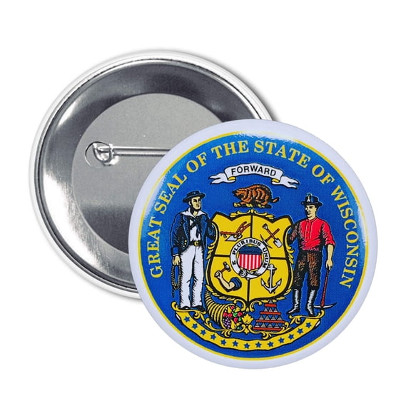 Round Button - State Seal Wisconsin - USA | Wearable Souvenir Pin, Travel Memorabilia, Collectible Accessory