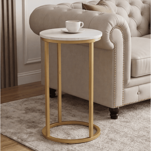 Round C-Shaped Couch Side Table, Sturdy Metal Frame Wooden Snack Table, Easy to Assemble Accent Table Perfect for Small Spaces, Living Room and Bedroom