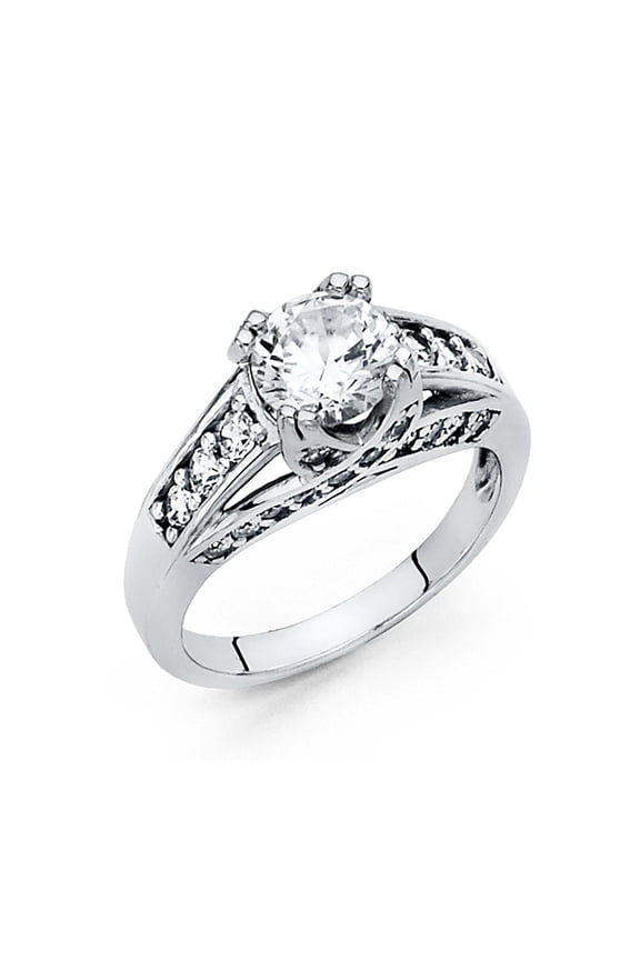 Round CZ Engagement Ring 14k White Gold Anniversary Designer Style CZ Band CZ Side Stones Size 7