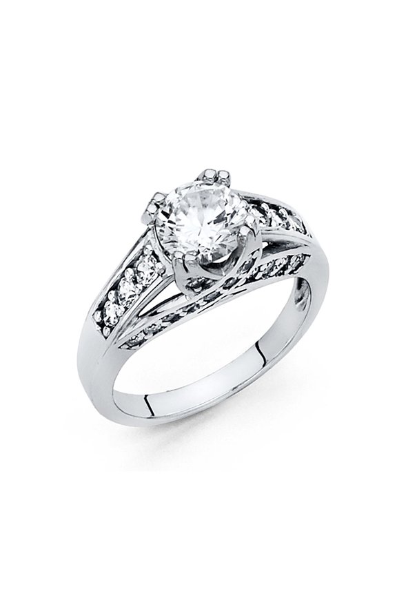 Round CZ Engagement Ring 14k White Gold Anniversary Designer Style CZ Band CZ Side Stones Size 9