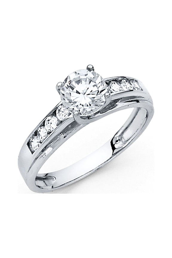 Round CZ Engagement Ring 14k White Gold Anniversary Solitaire CZ Band Channel Set Side Stones Size 7.5