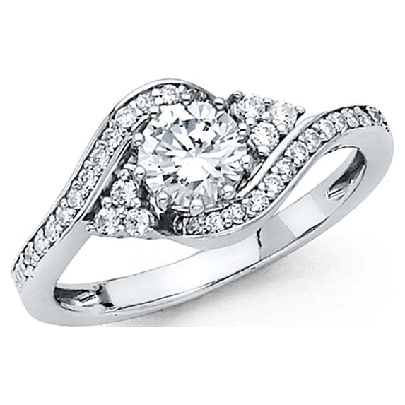 Round CZ Engagement Ring 14k White Gold Anniversary Solitaire CZ Cluster Band Side Stones Women, Size 5.5