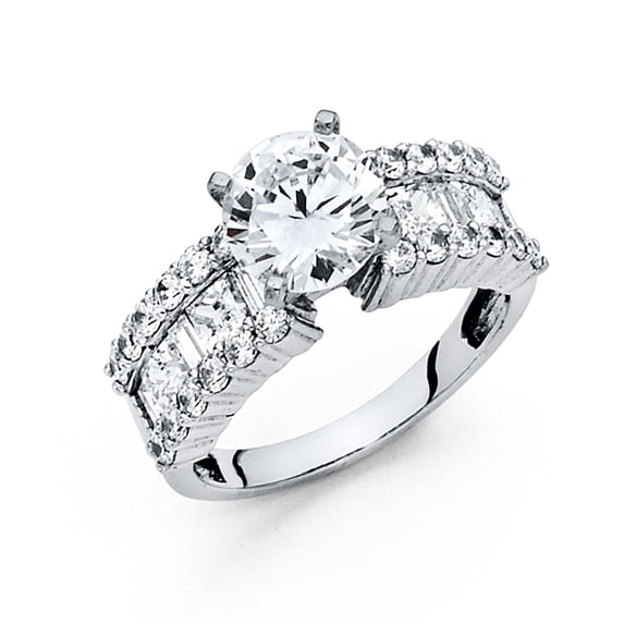 Round CZ Engagement Ring 14k White Gold Anniversary Wide CZ Band Bridal Ring Side Stones Size 6