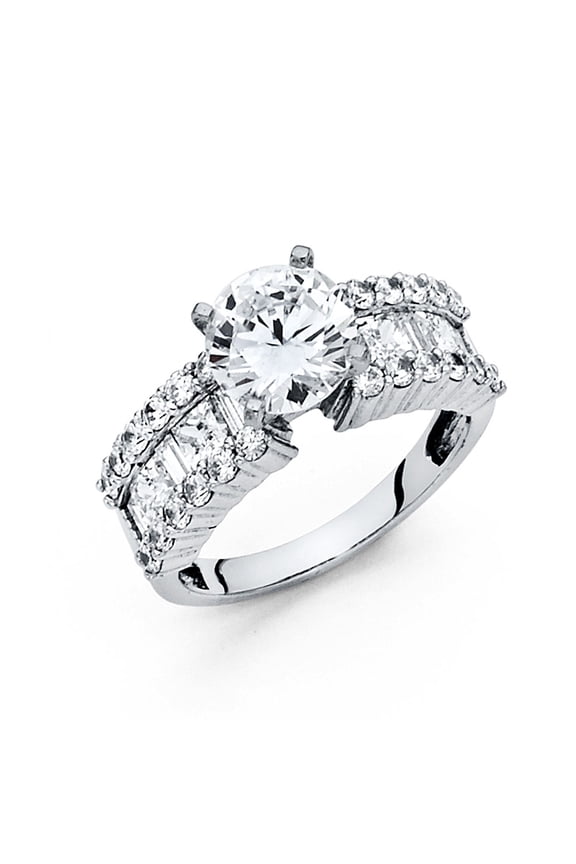 Round CZ Engagement Ring 14k White Gold Anniversary Wide CZ Band Bridal Ring Side Stones Size 8