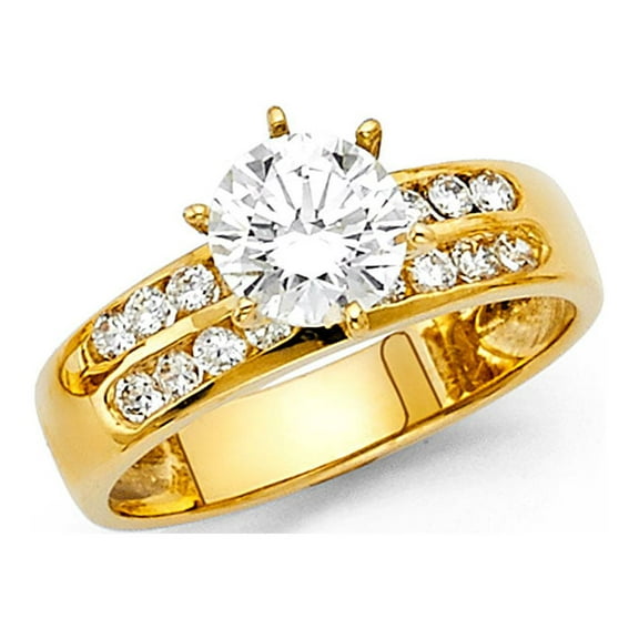 Round CZ Engagement Ring 14k Yellow Gold Anniversary CZ Solitaire Band Bridal Ring Side Stones Size 7