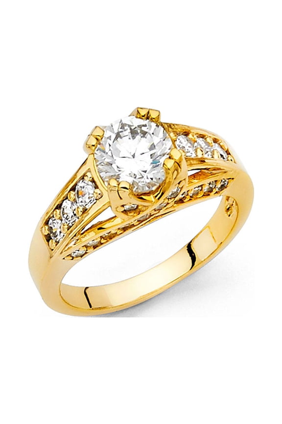Round CZ Engagement Ring 14k Yellow Gold Anniversary Designer Style CZ Band CZ Side Stones Size 5.5