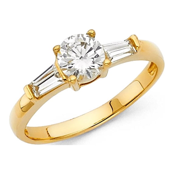 Round CZ Engagement Ring 14k Yellow Gold Anniversary Solitaire CZ Band Baguette Side Stones Size 5.5