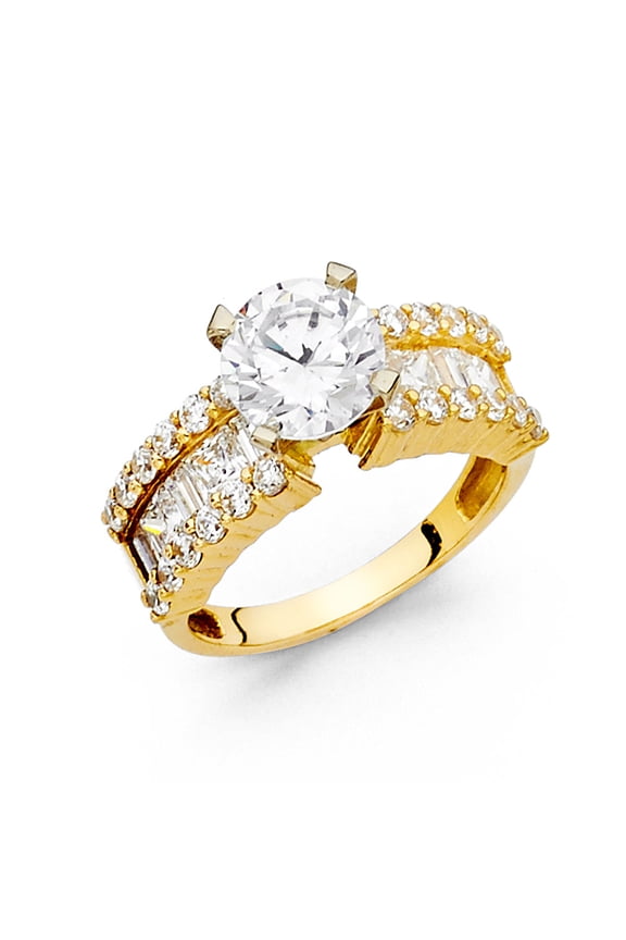 Round CZ Engagement Ring 14k Yellow Gold Anniversary Wide CZ Band Bridal Ring Side Stones Size 5.5