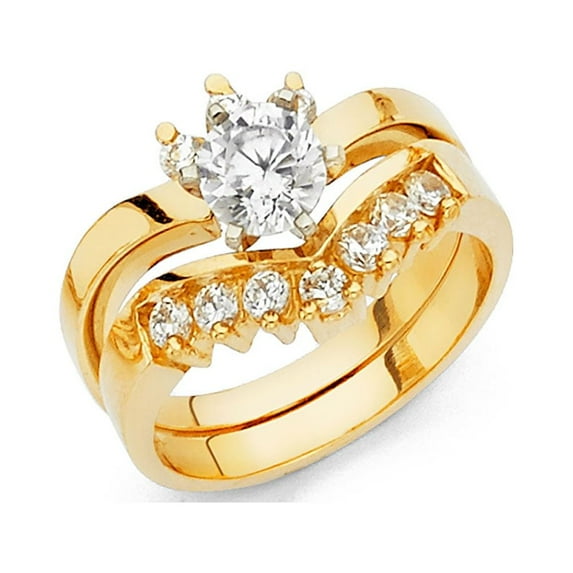Round CZ Engagement Ring & Wedding Band 14k Yellow Gold Set CZ Bridal Rings Set V Shaped Band, Size 6