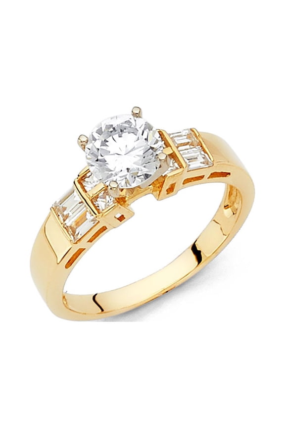 Round CZ Engagement Solitaire Ring 14k Yellow Gold Anniversary CZ Band Bridal Ring Side Stones Size 5.5
