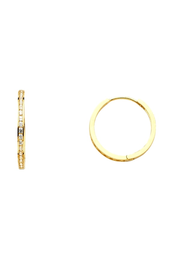 Round CZ Hoops Solid 14k Yellow Gold Semi Eternity Hoop Earrings Channel Set Polished Style Fancy 18 mm
