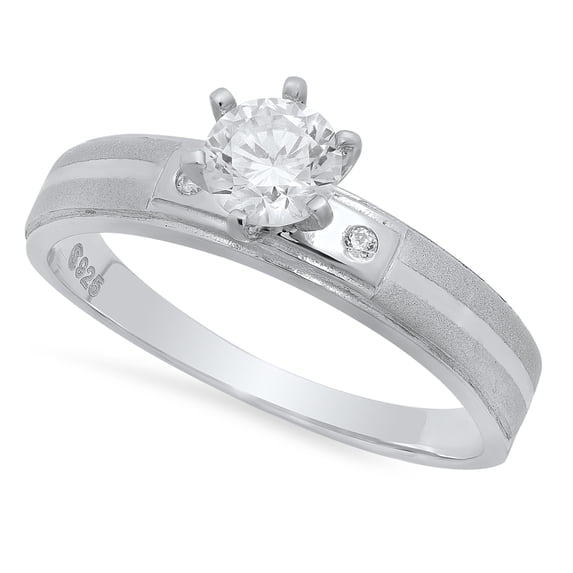 Round CZ Solitaire 4mm Sandblasted Sterling Silver Italian Crafted Engagement Ring, Size 8 + Bonus Cloth