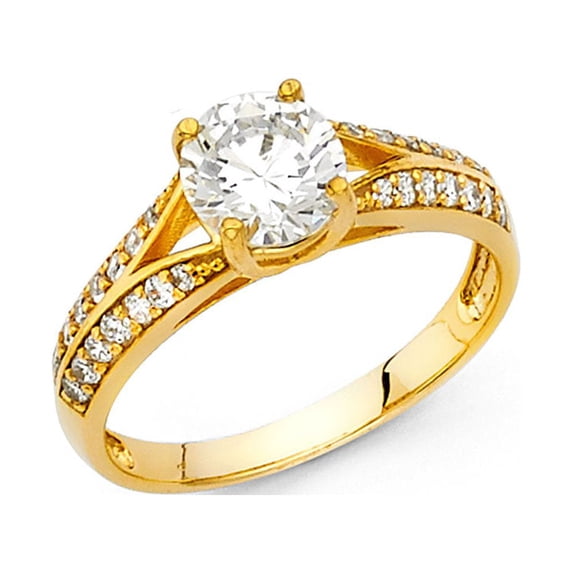 Round CZ Solitaire Engagement Ring 14k Yellow Gold Anniversary CZ Ring Bridal Band Side Stones Size 8